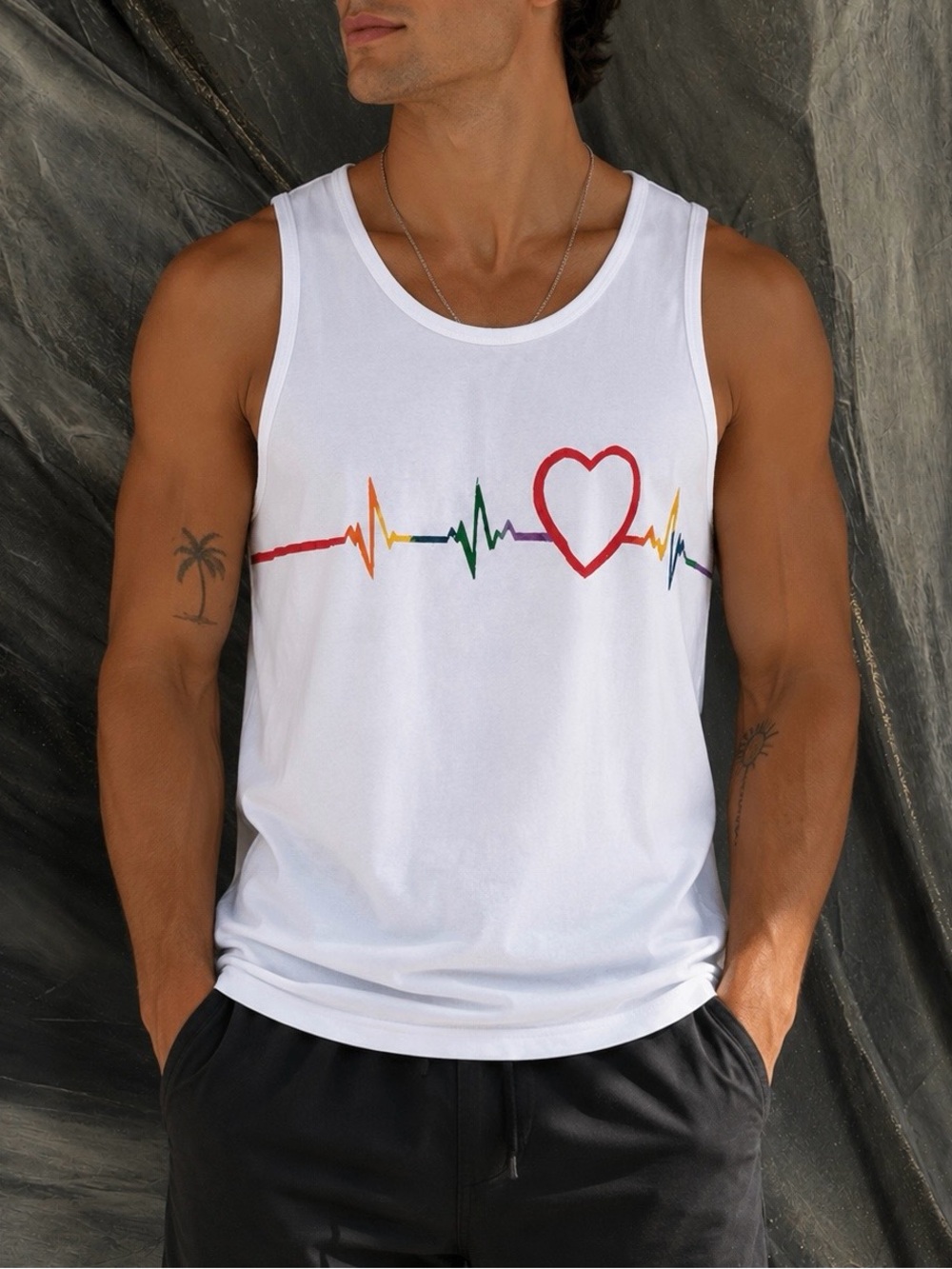 Men's White Tank Top with Rainbow Heartbeat Graphic